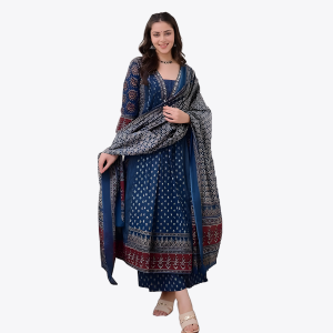 Women's Rayon Printed Anarkali Kurta and Pant with Dupatta Set
