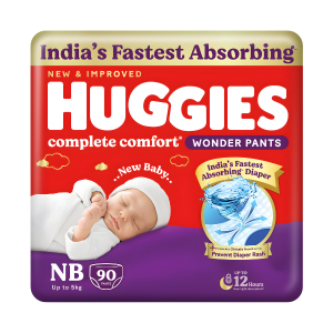 Huggies Complete Comfort Wonder Pants | Pant Style Baby Diapers Newborn Size, 90 Count | India's Fastest Absorbing Diaper, Prevents Diaper Rash, Ideal for 0-5 Kgs