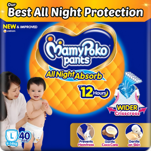 Mamypoko pants All night absorb| Pant Style Baby Diapers Large Size(L), 40 Count, Ideal for 9-14Kgs|1 Diaper= Upto All night Absorption|Wider Crisscross Sheet|Gentle Coco Care| 12hr Leakage Protection| Prevents Heaviness